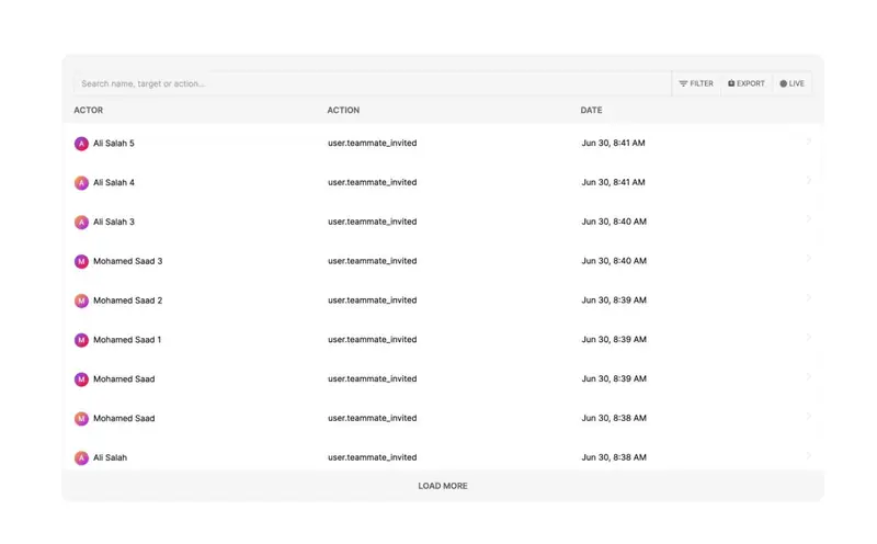 Activity logger table with search, filter, export and live controls