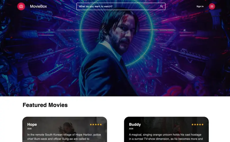 Movie Box homepage with search and featured movies